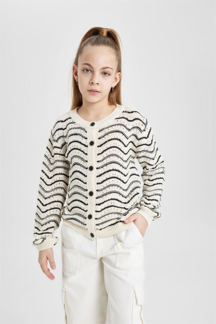 GIRLS & TEENS Ecru Regular Fit Crew Neck Cardigan