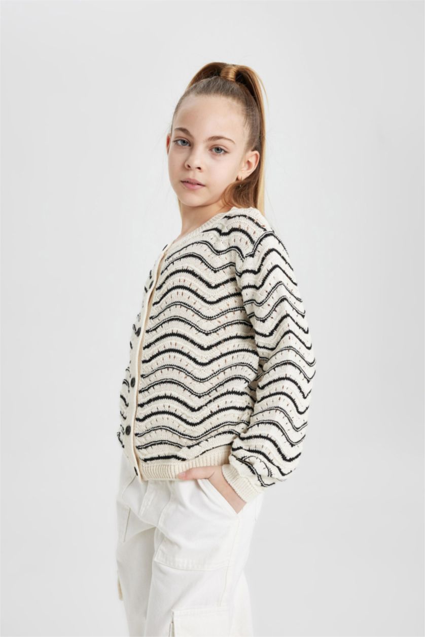 GIRLS & TEENS Ecru Regular Fit Crew Neck Cardigan