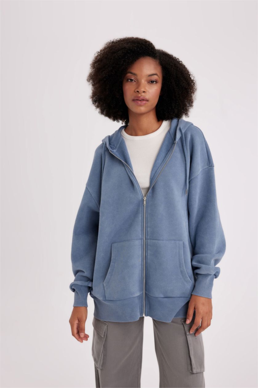 Woman Blue Oversize Fit Hooded Thick Fabric Cardigan