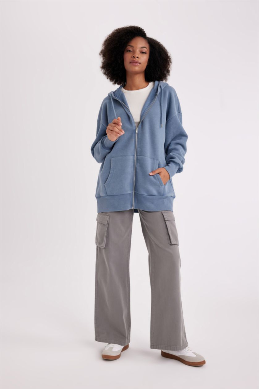 Woman Blue Oversize Fit Hooded Thick Fabric Cardigan