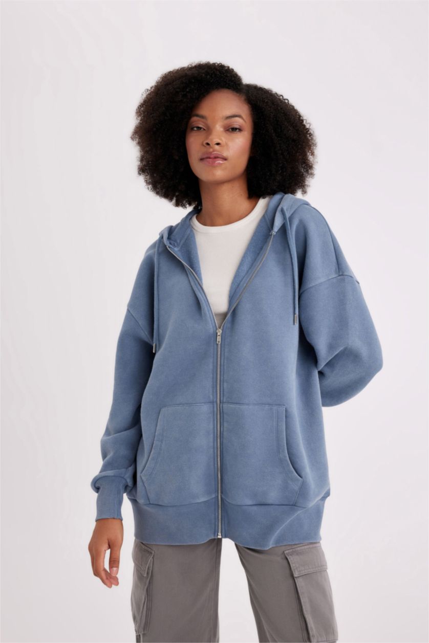 Woman Blue Oversize Fit Hooded Thick Fabric Cardigan