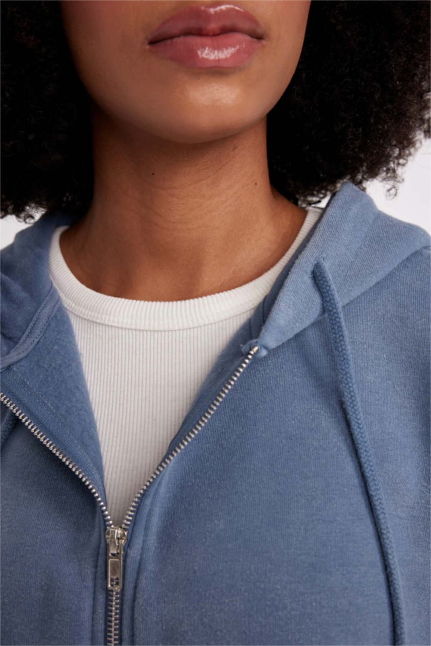 Woman Blue Oversize Fit Hooded Thick Fabric Cardigan