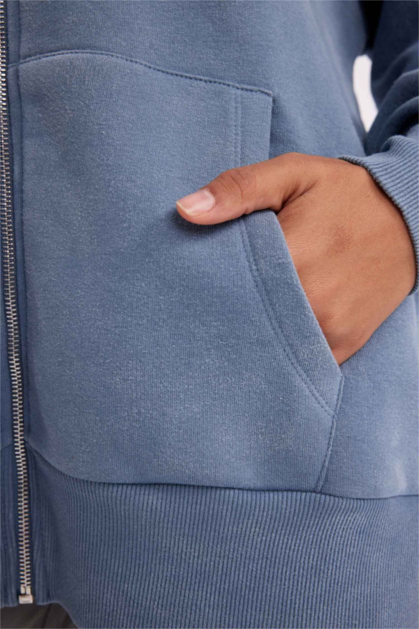 Woman Blue Oversize Fit Hooded Thick Fabric Cardigan