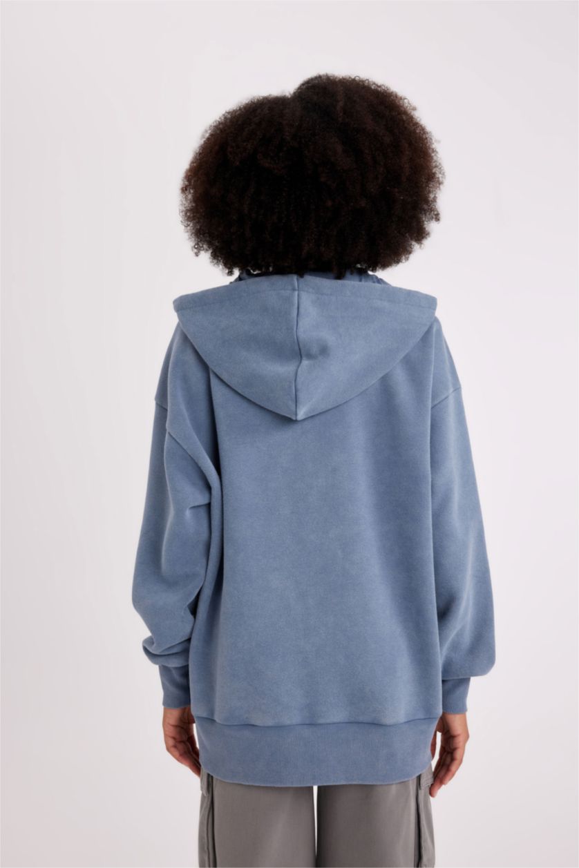 Woman Blue Oversize Fit Hooded Thick Fabric Cardigan