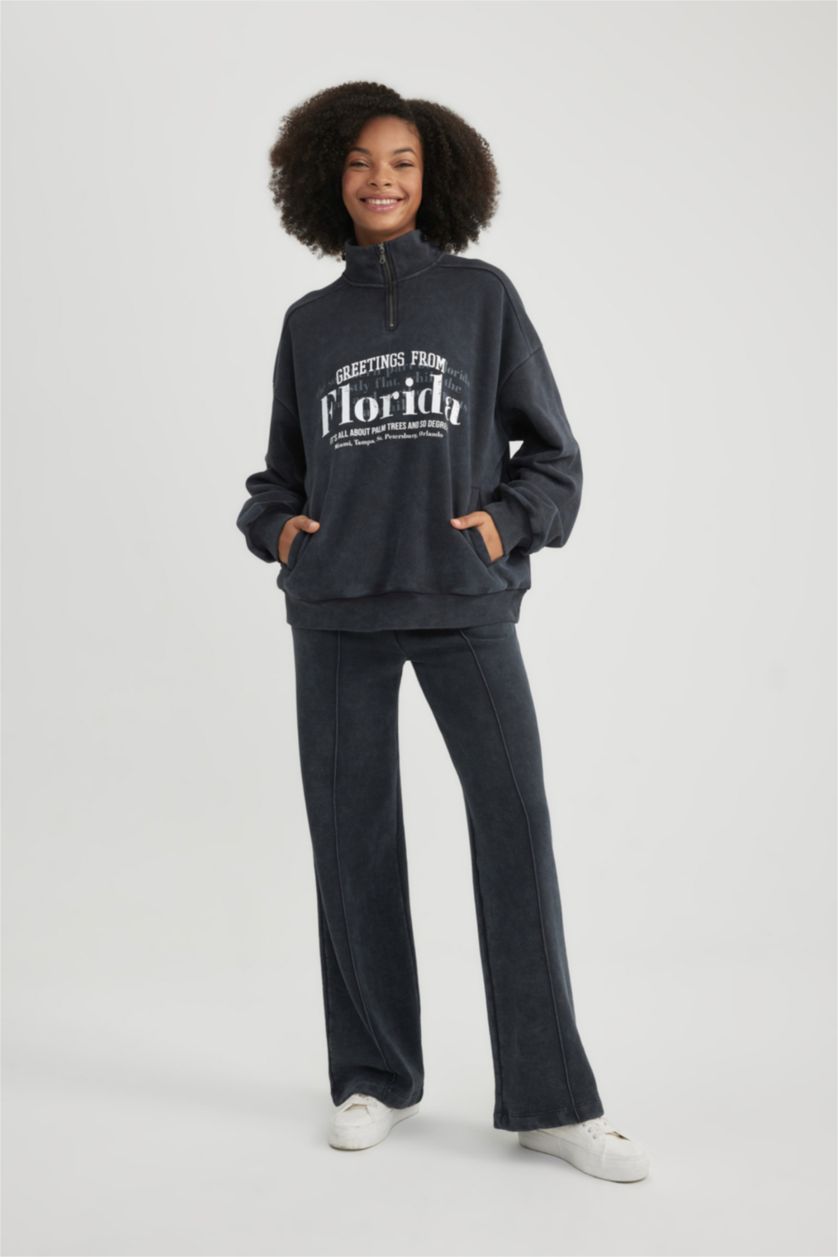 WOMAN Anthracite Wide Leg Thick Sweatshirt Fabric Regular Hem Trousers