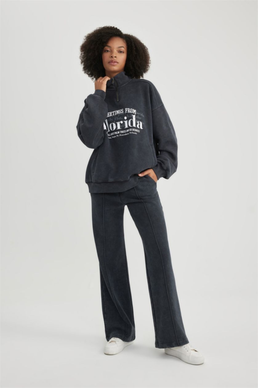 WOMAN Anthracite Wide Leg Thick Sweatshirt Fabric Regular Hem Trousers