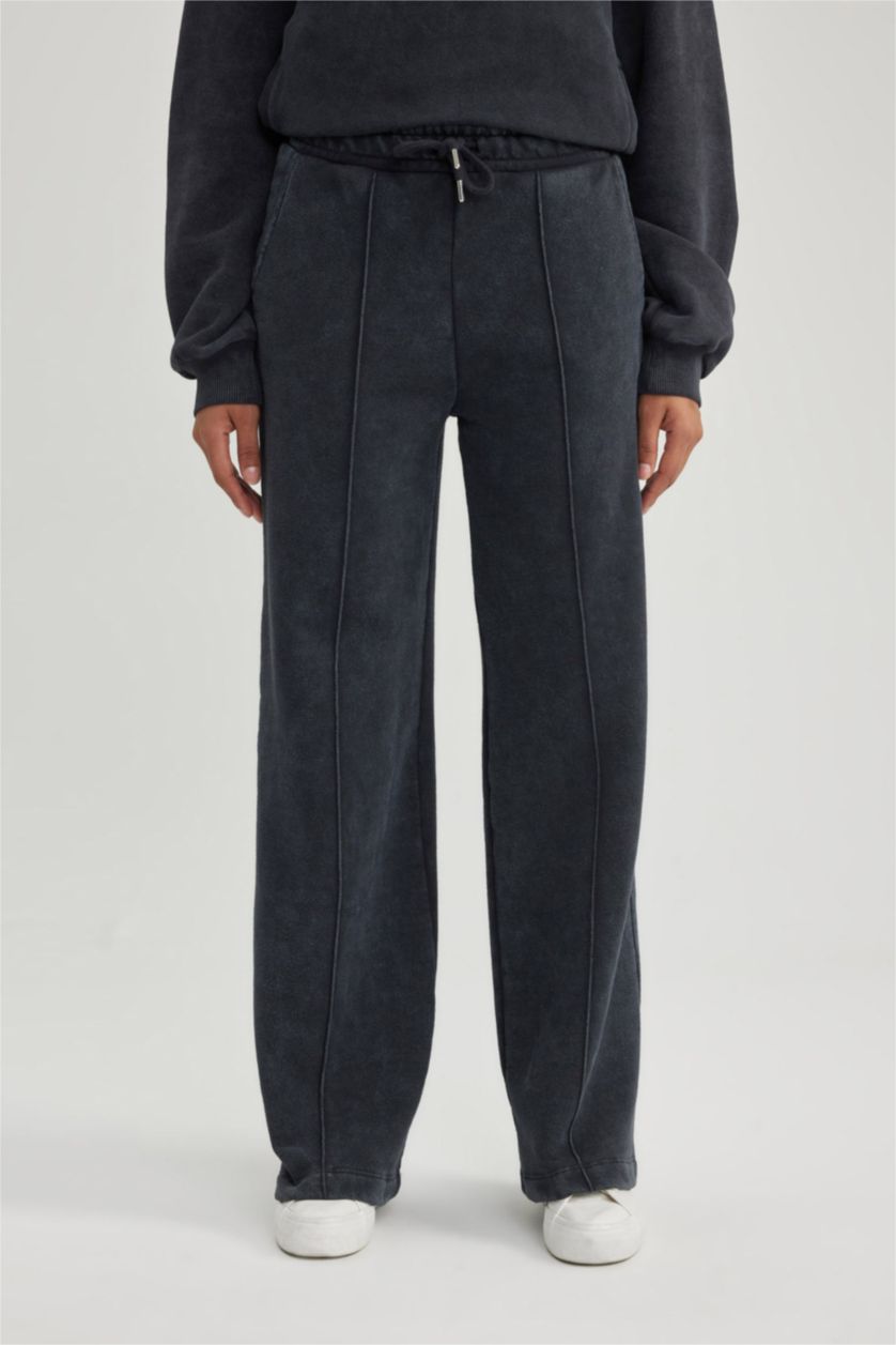 WOMAN Anthracite Wide Leg Thick Sweatshirt Fabric Regular Hem Trousers