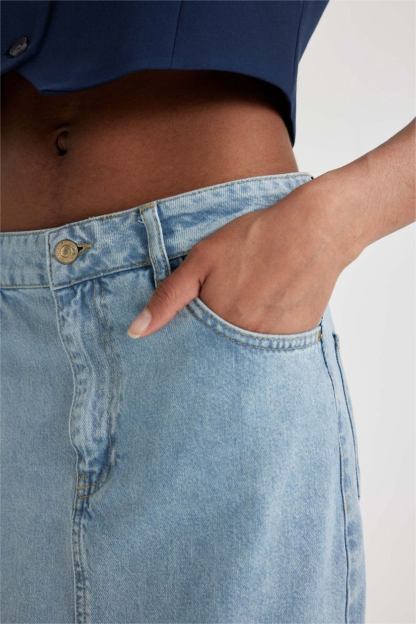 Kadın Açık İndigo Long  Fit Yırtmaçlı Maxi Jean Etek