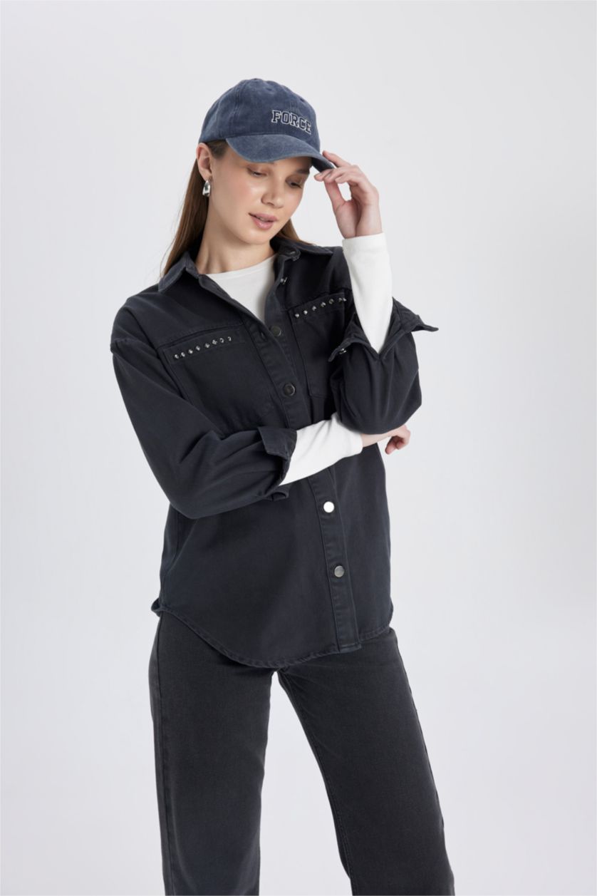WOMAN Dark Anthracite Relax Fit Gabardine Long Sleeve Shirt Tunic
