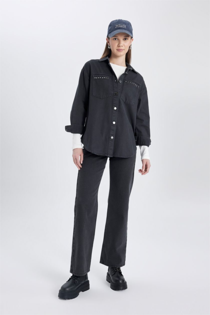 WOMAN Dark Anthracite Relax Fit Gabardine Long Sleeve Shirt Tunic