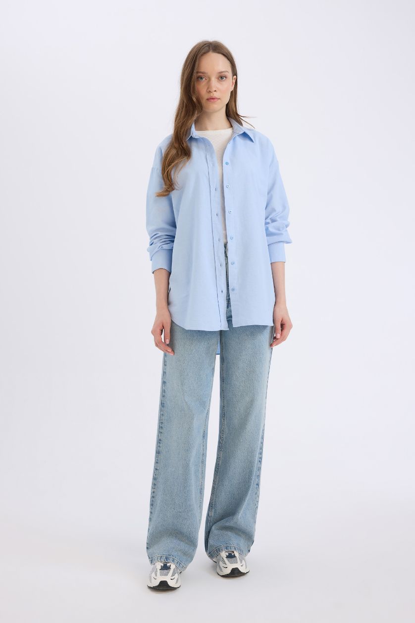Kadın Mavi Relax Fit Basic Düz  Oxford Uzun Kollu Tesettür Gömlek Tunik