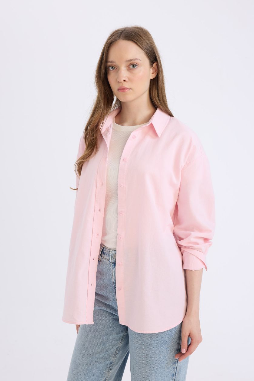 نساء زهري فاتح تونيكة كم طويل أوكسفورد قصة مريحة بياقة قميص