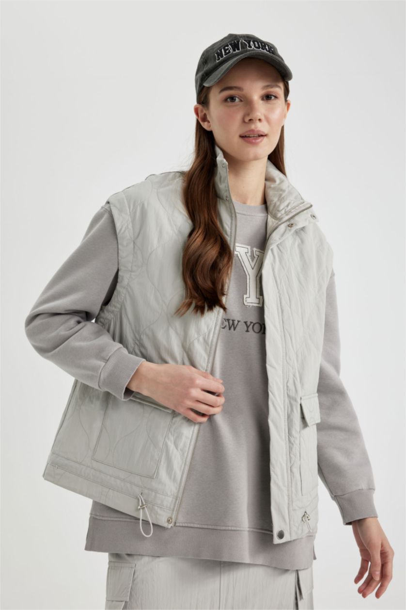 FEMME Gris Clair Gilet Parachute à Col Montant