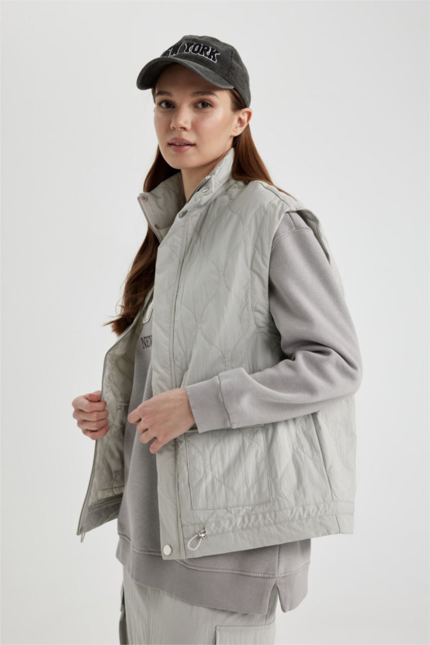 FEMME Gris Clair Gilet Parachute à Col Montant