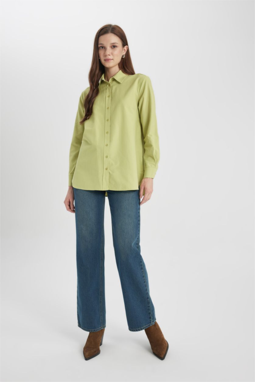 FEMME Vert Tunique en Popeline Coupe Relax à Manches Longues