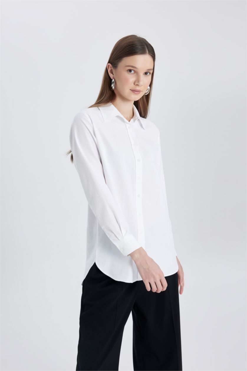 WOMAN White Relax Fit Poplin Shirt Collar Long Sleeve Tunic