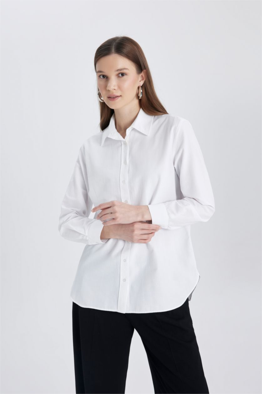 WOMAN White Relax Fit Poplin Shirt Collar Long Sleeve Tunic