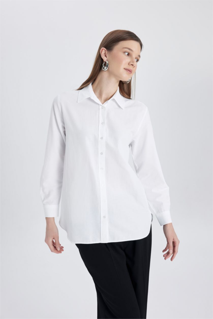 WOMAN White Relax Fit Poplin Shirt Collar Long Sleeve Tunic