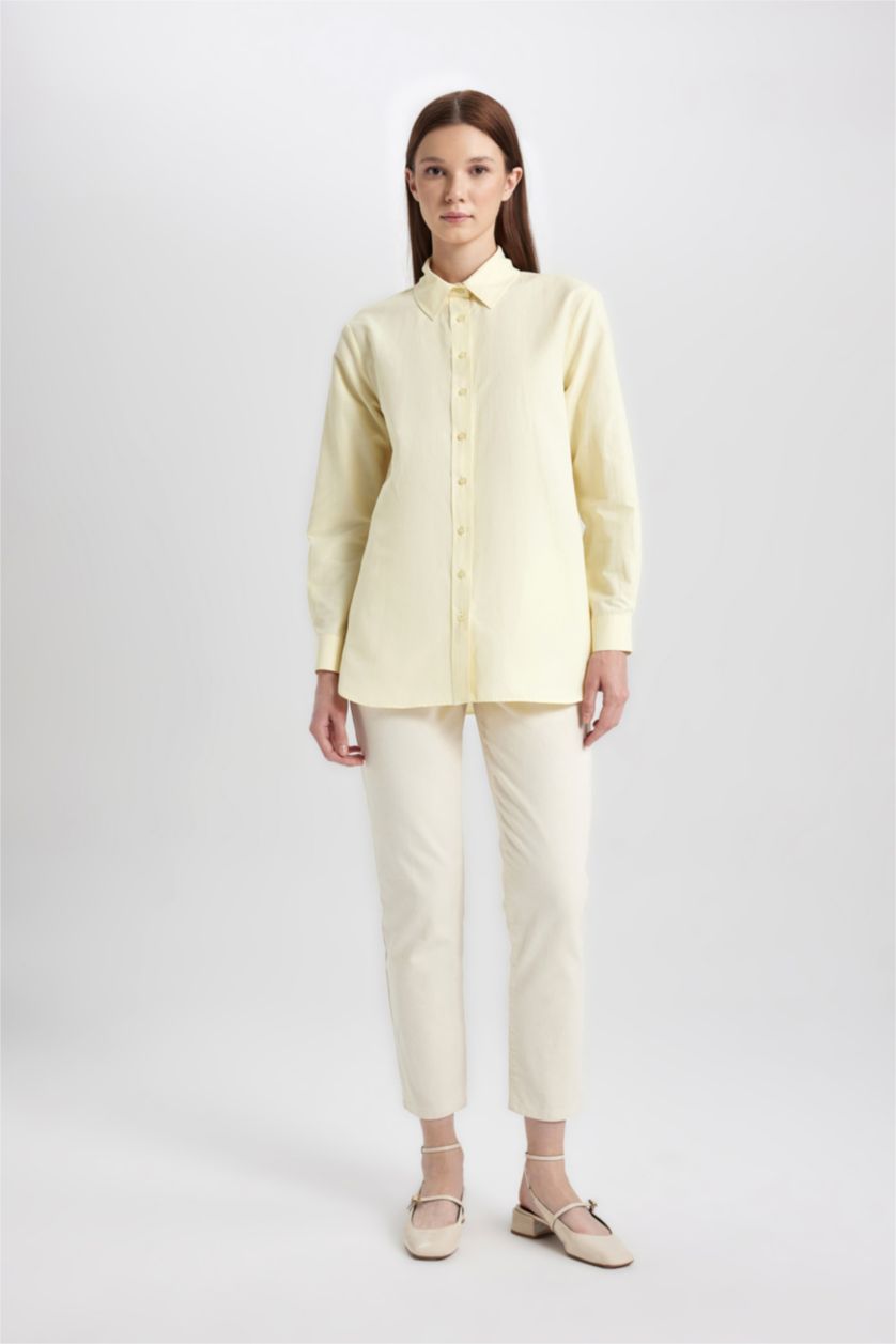 Kadın Açık Sarı Relax Fit Poplin Uzun Kollu Gömlek Tunik