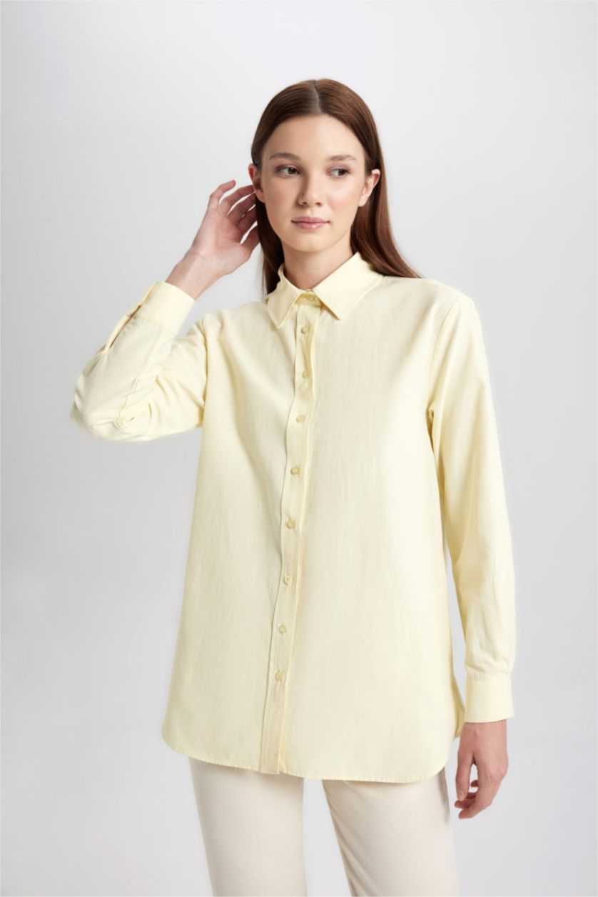 Kadın Açık Sarı Relax Fit Poplin Uzun Kollu Gömlek Tunik