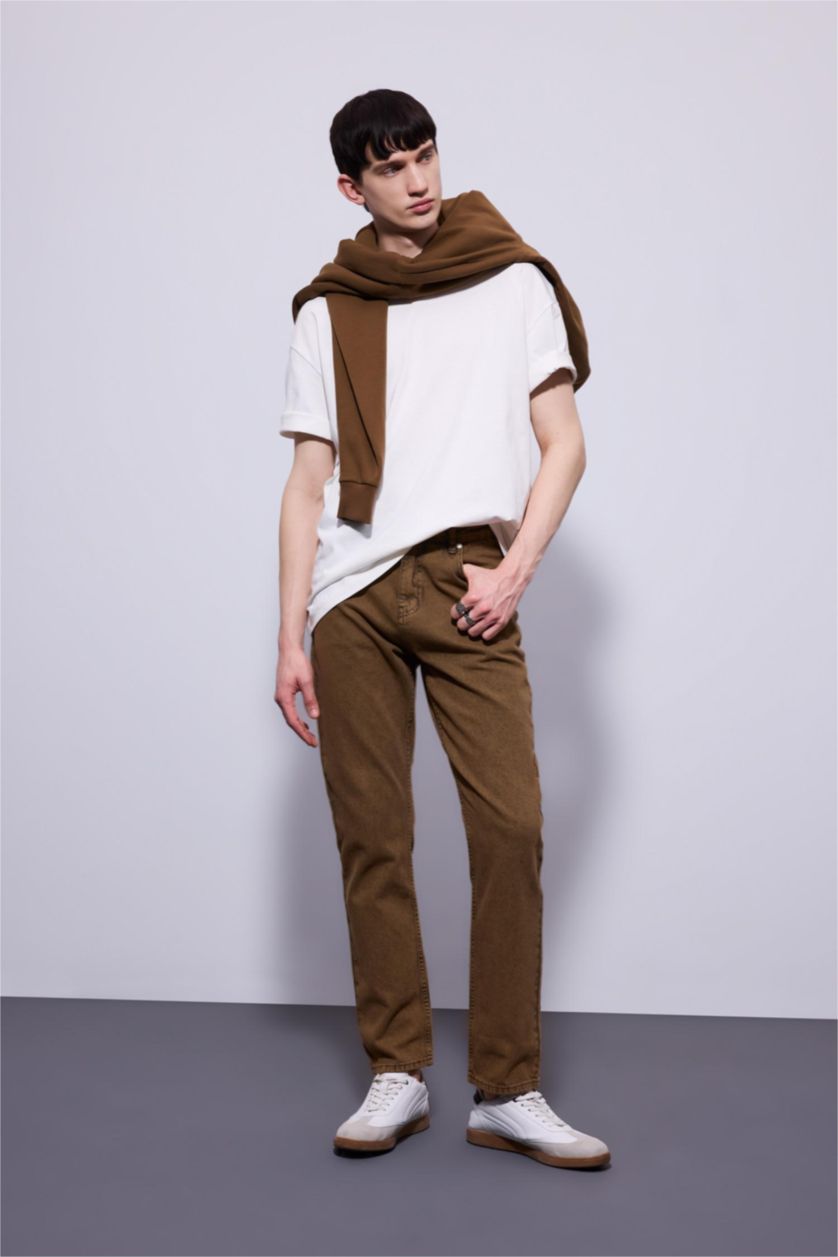 Erkek Açık Kahve Straight Fit Normal Kalıp Normal Bel Boru Paça Jean Pantolon