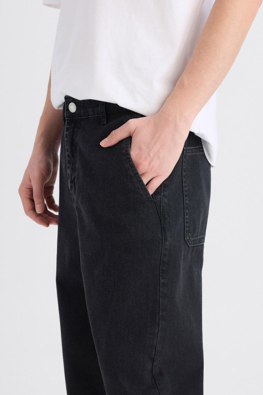 Erkek Siyah %100 Pamuk Relaxed Slouchy Fit Rahat Beli Lastikli Rahat Kesim Dar Paça Siyah Jean Pantolon