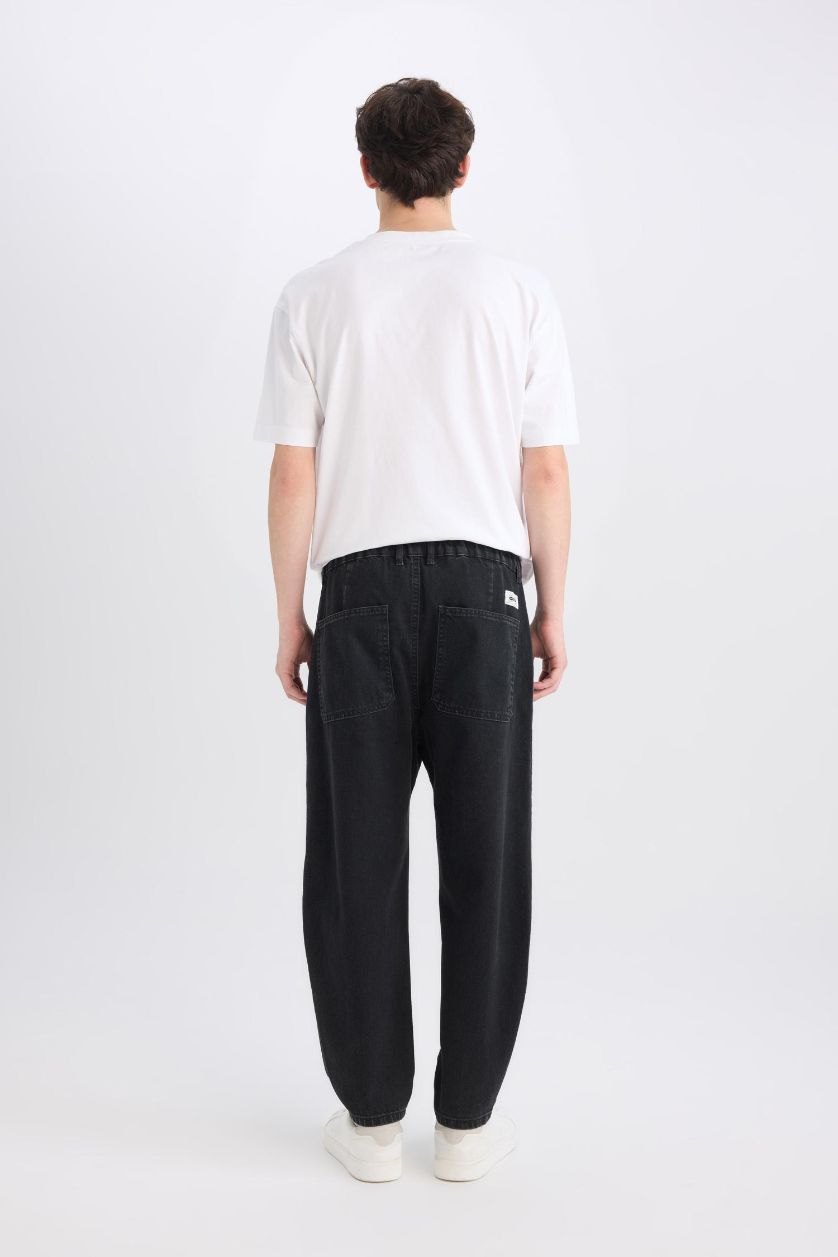 Erkek Siyah %100 Pamuk Relaxed Slouchy Fit Rahat Beli Lastikli Rahat Kesim Dar Paça Siyah Jean Pantolon