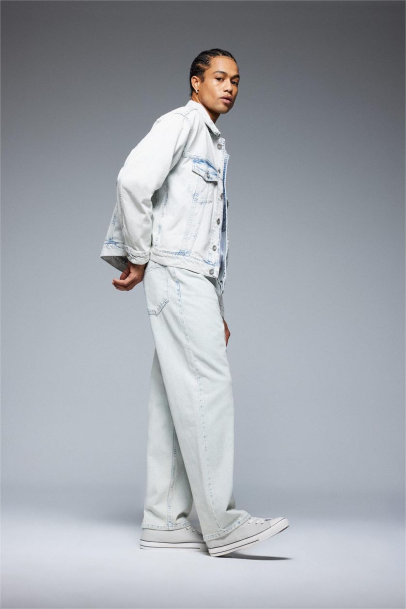 Erkek Buz Mavi %100 Pamuk Relaxed Slouchy Fit Rahat Beli Lastikli Rahat Kesim Dar Paça Siyah Jean Pantolon