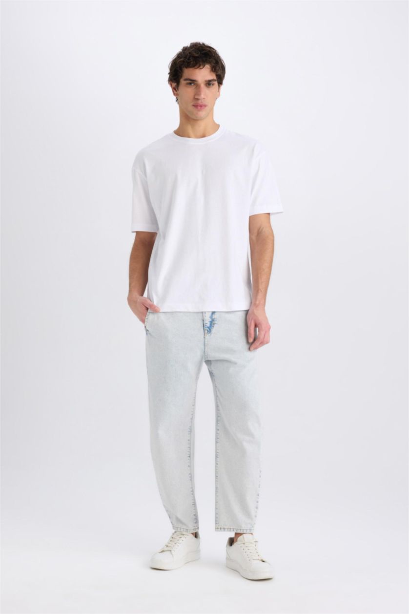 Erkek Buz Mavi %100 Pamuk Relaxed Slouchy Fit Rahat Beli Lastikli Rahat Kesim Dar Paça Siyah Jean Pantolon