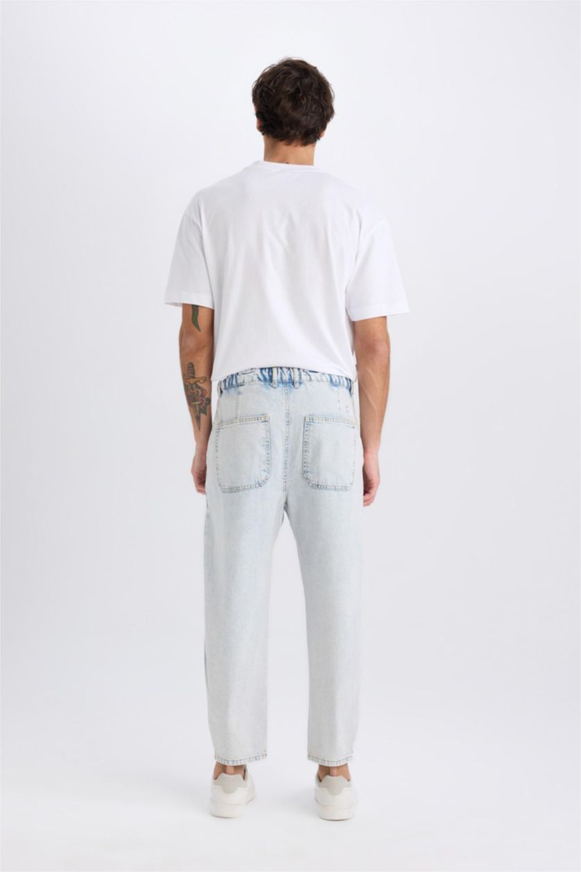 Erkek Buz Mavi %100 Pamuk Relaxed Slouchy Fit Rahat Beli Lastikli Rahat Kesim Dar Paça Siyah Jean Pantolon