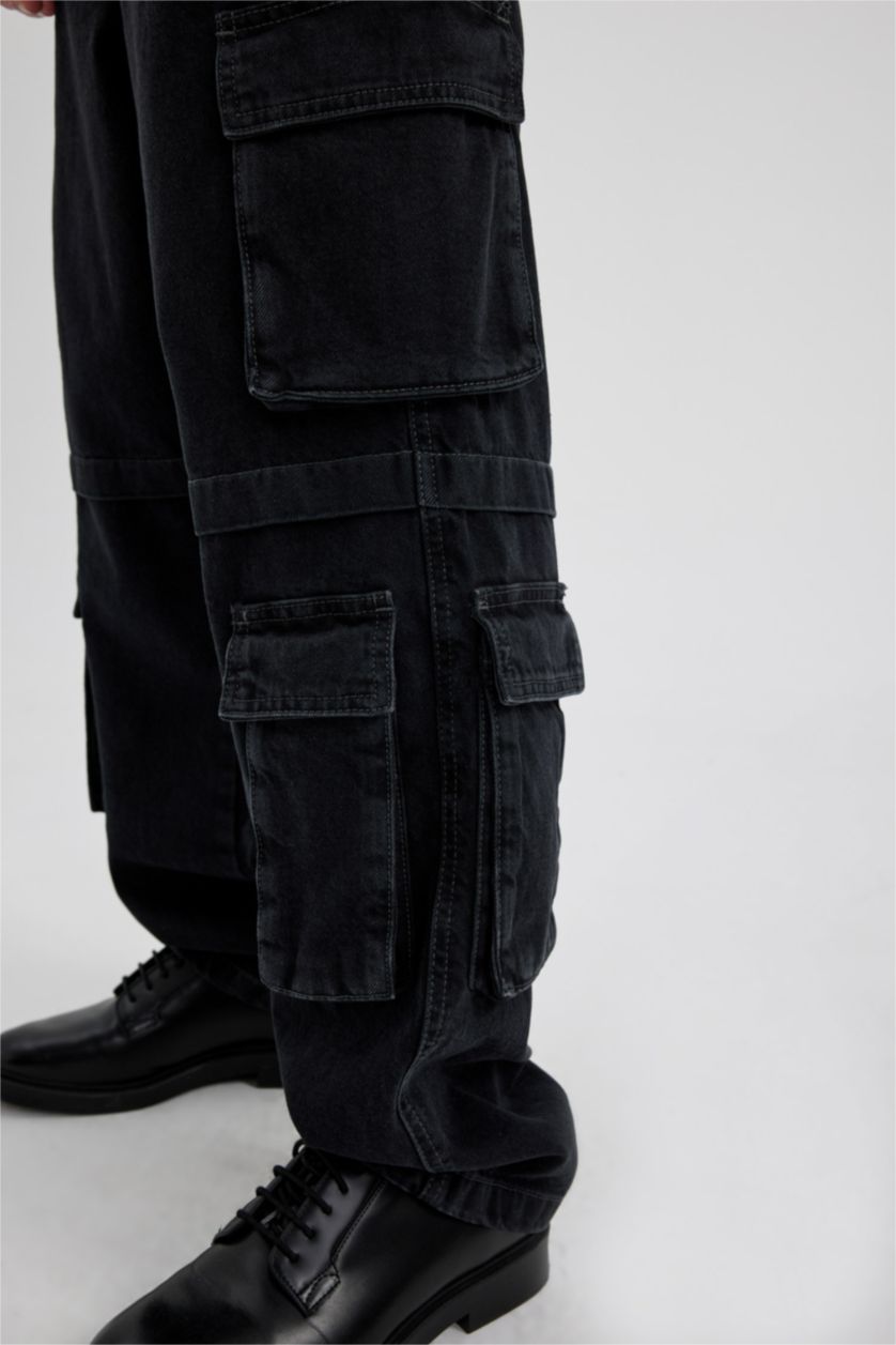 رجالي أسود بنطلون جينز باجي برجل عريض وايد ليج وخصر عادي