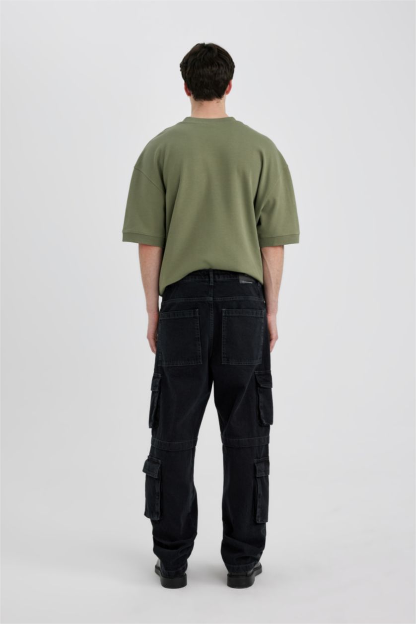 رجالي أسود بنطلون جينز باجي برجل عريض وايد ليج وخصر عادي