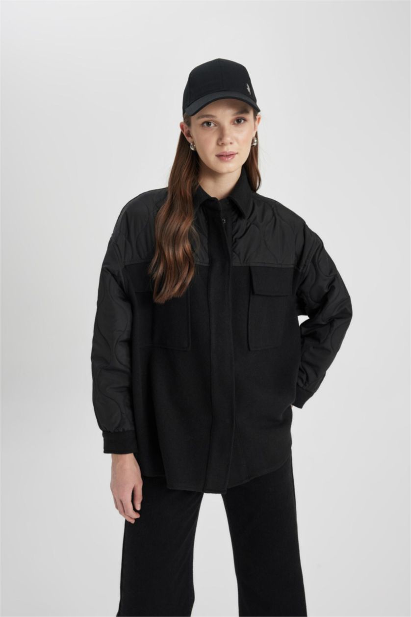 نساء أسود جاكيت بومبر كاجوال بجيب مزدوج