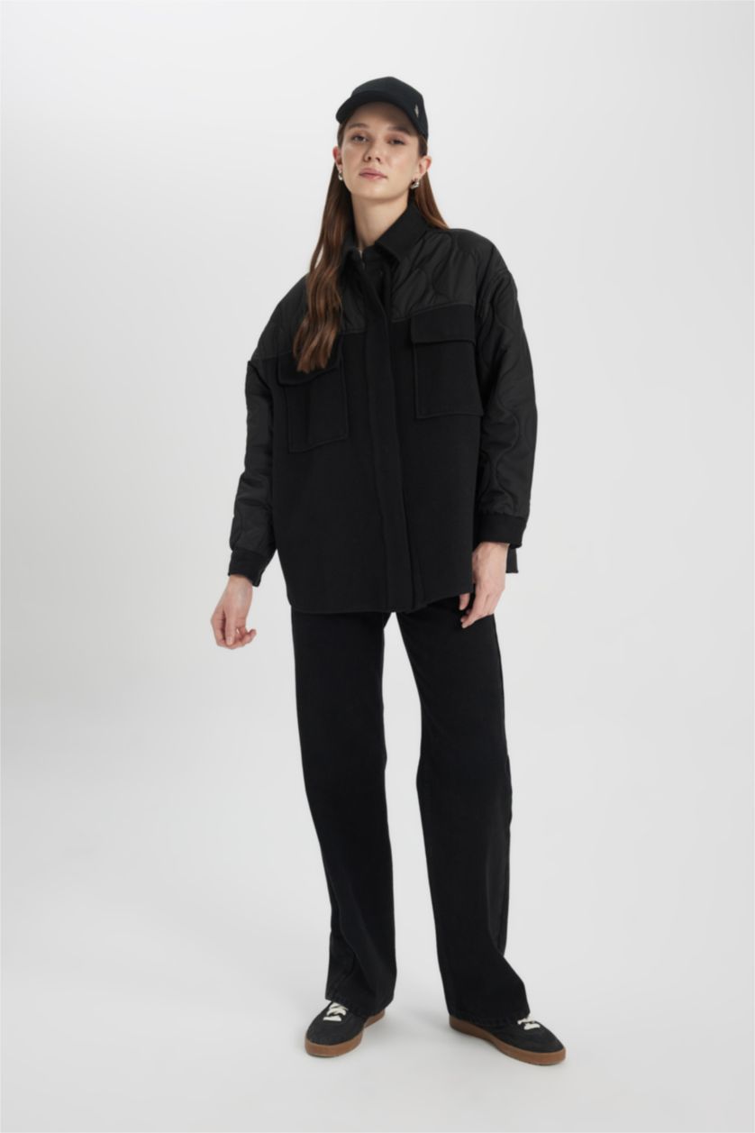 نساء أسود جاكيت بومبر كاجوال بجيب مزدوج