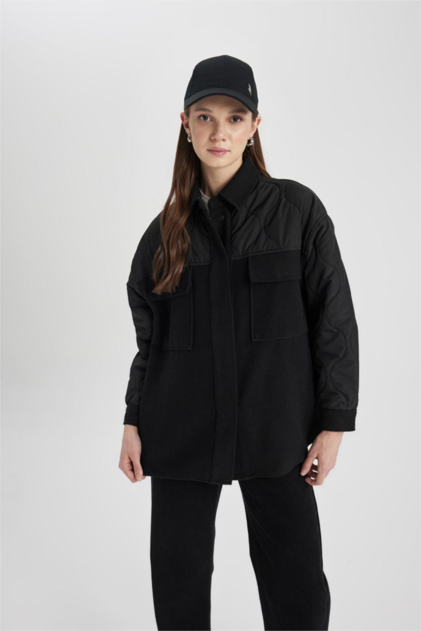 نساء أسود جاكيت بومبر كاجوال بجيب مزدوج