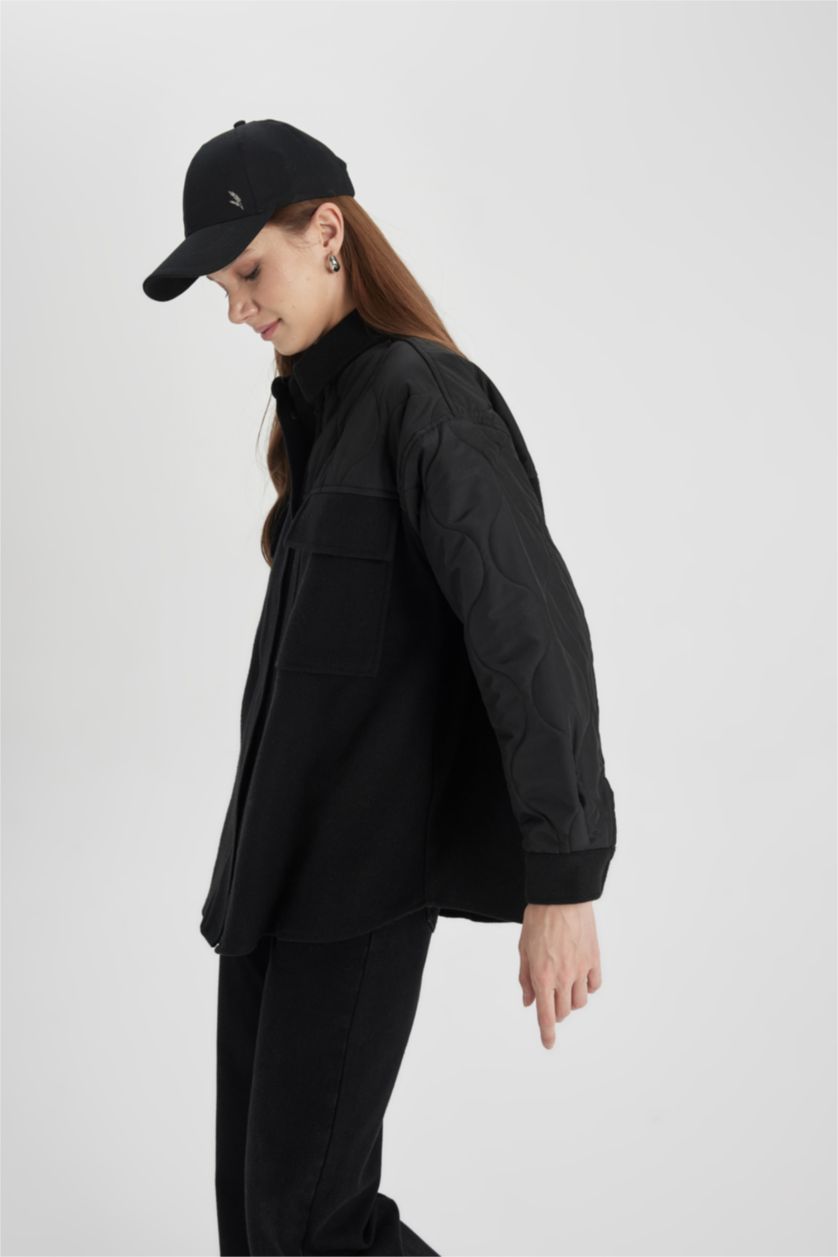 نساء أسود جاكيت بومبر كاجوال بجيب مزدوج