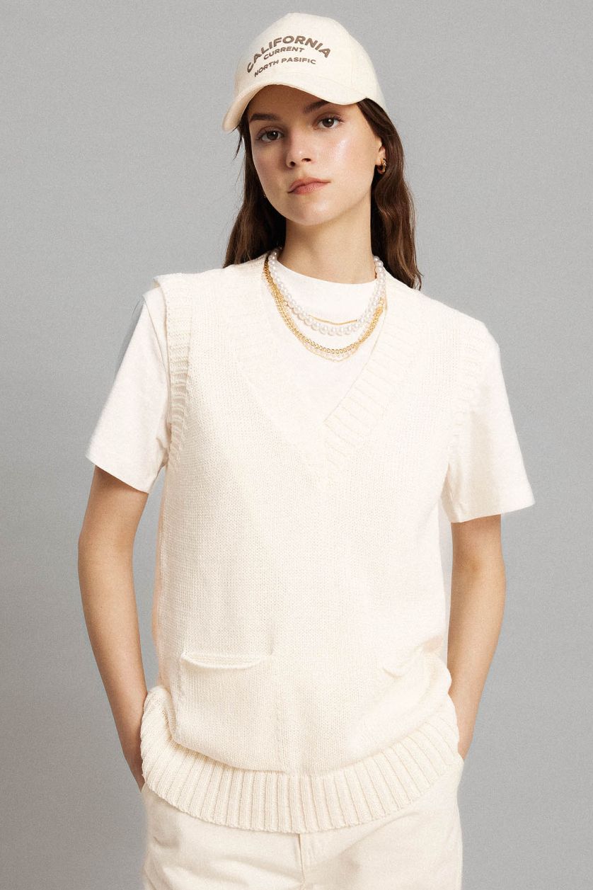 WOMAN Ecru Regular Fit Polo Neck Vest