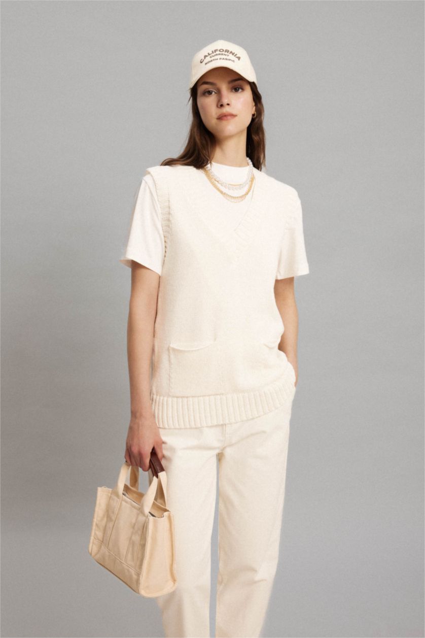 WOMAN Ecru Regular Fit Polo Neck Vest