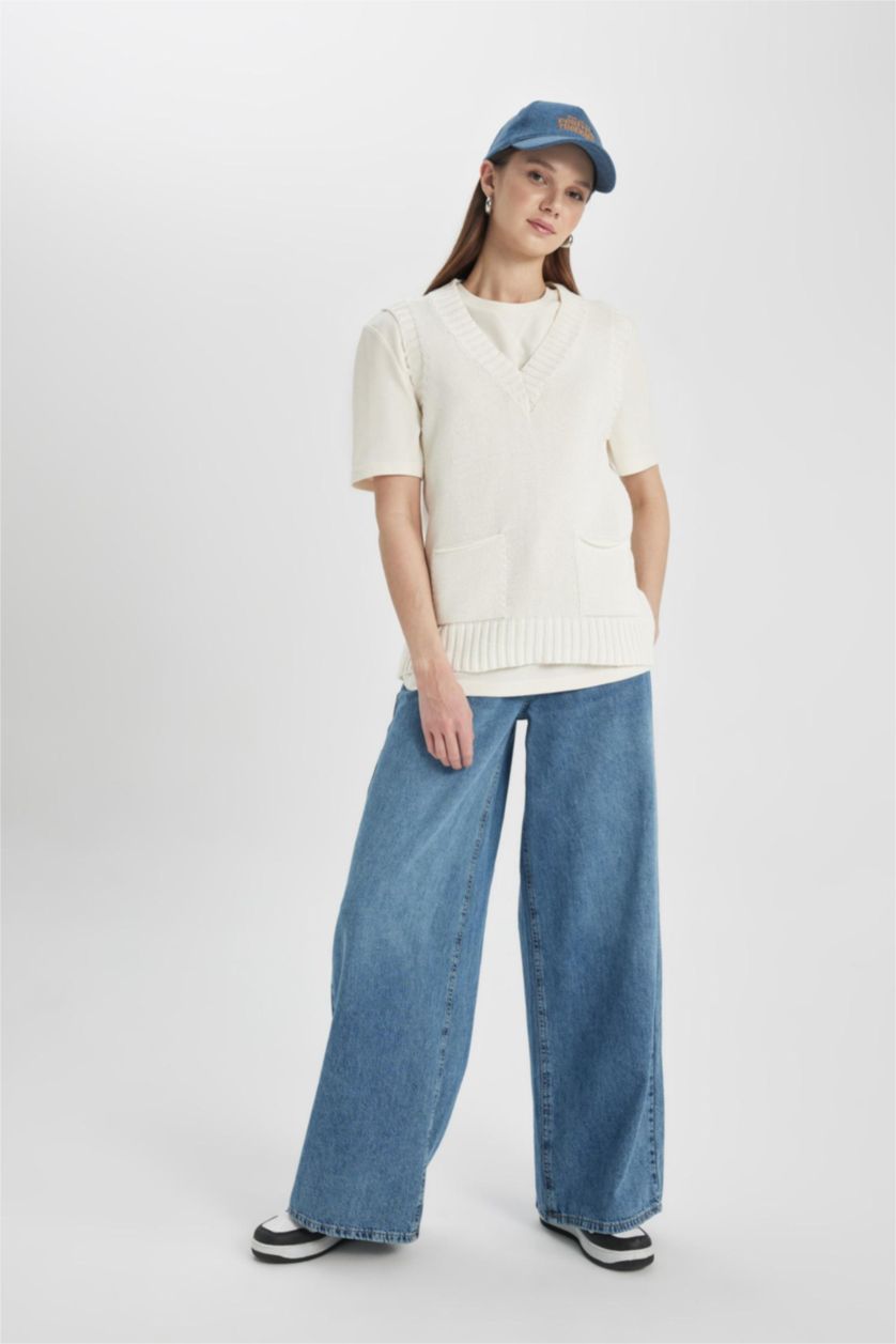 WOMAN Ecru Regular Fit Polo Neck Vest