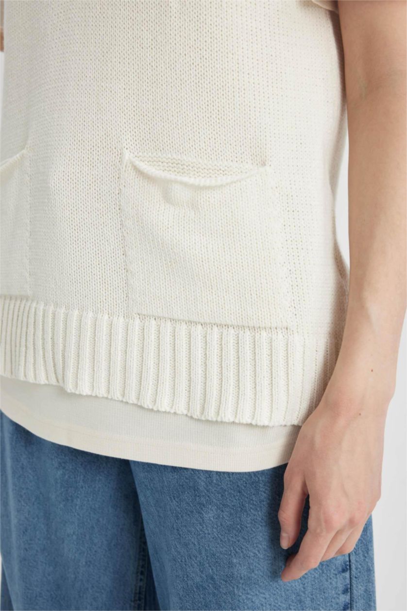 WOMAN Ecru Regular Fit Polo Neck Vest