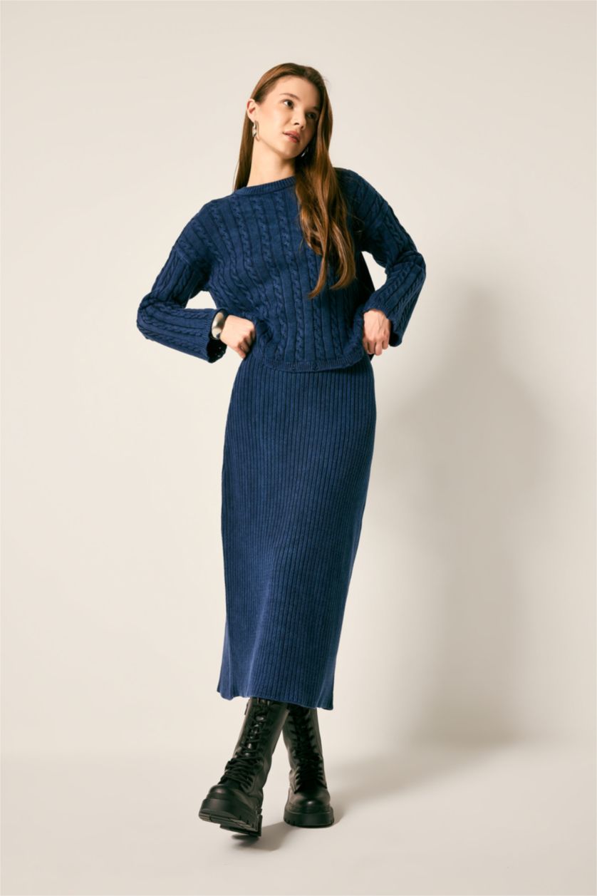 WOMAN NAVY Regular Fit Cotton Knitted Pullover Tunic