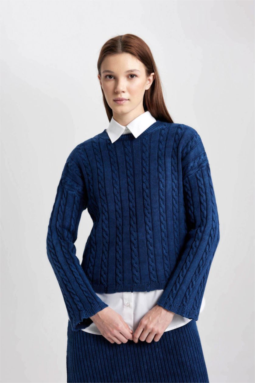 WOMAN NAVY Regular Fit Cotton Knitted Pullover Tunic