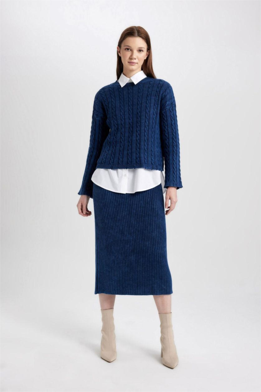 WOMAN NAVY Regular Fit Cotton Knitted Pullover Tunic