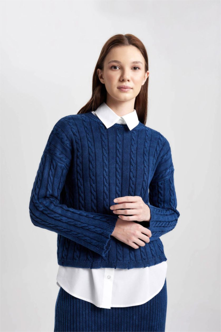 WOMAN NAVY Regular Fit Cotton Knitted Pullover Tunic