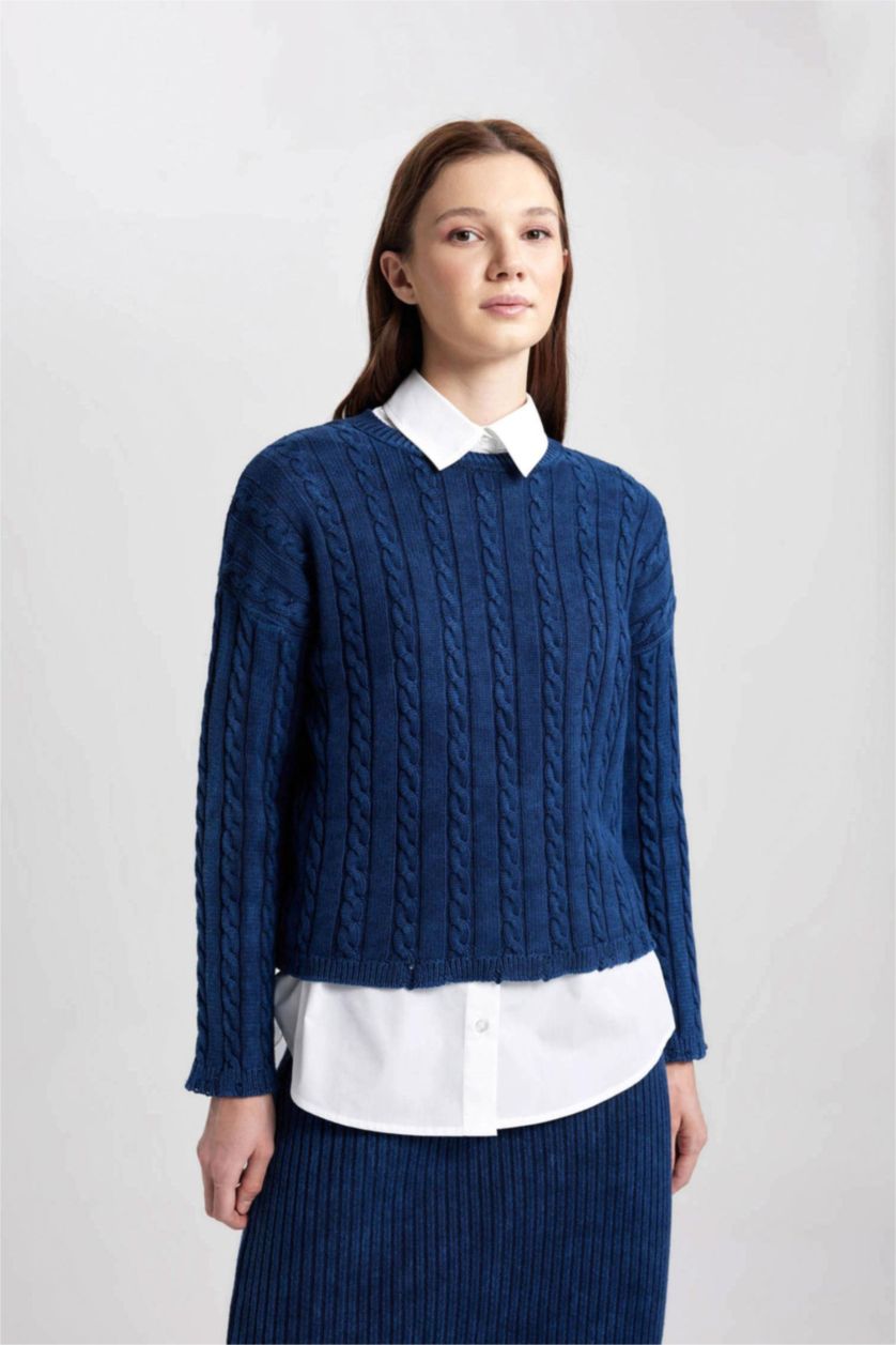 WOMAN NAVY Regular Fit Cotton Knitted Pullover Tunic