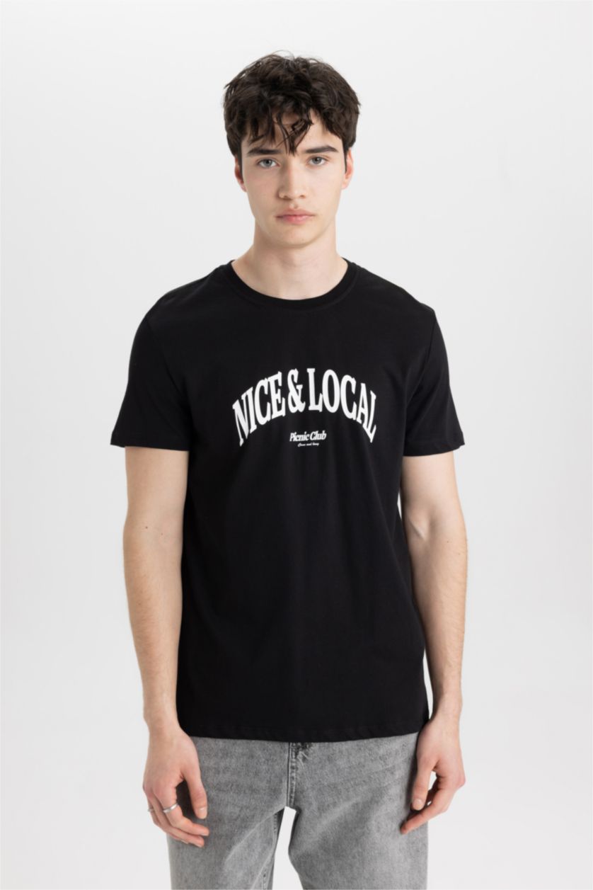 Erkek Siyah Slim Fit Dar Kesim Bisiklet Yaka Baskılı Kısa Kollu Tişört