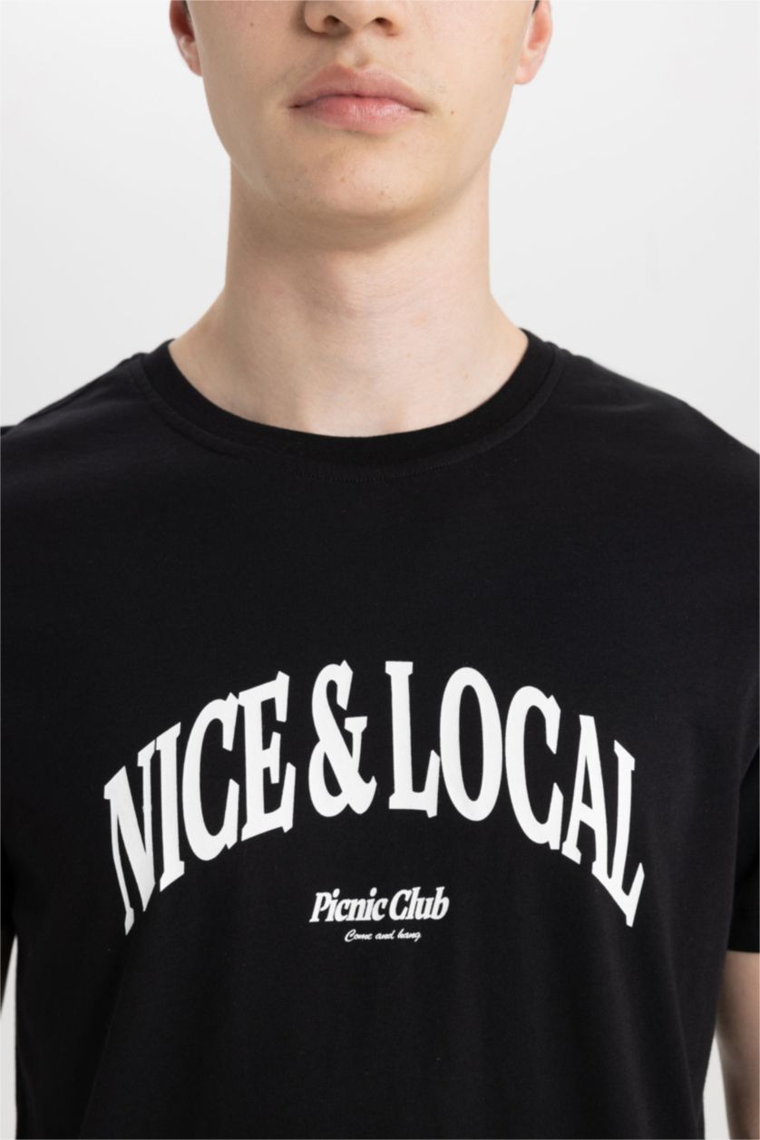 Erkek Siyah Slim Fit Dar Kesim Bisiklet Yaka Baskılı Kısa Kollu Tişört