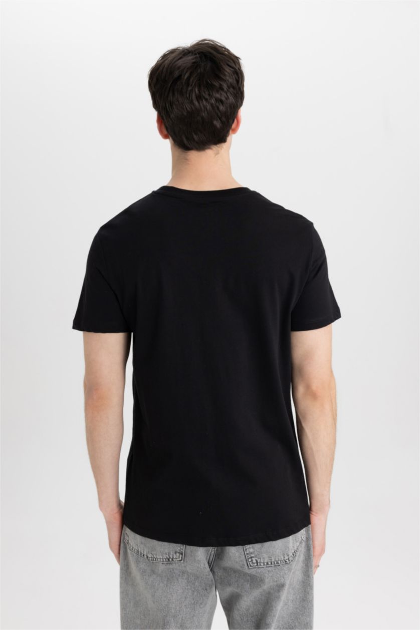 Erkek Siyah Slim Fit Dar Kesim Bisiklet Yaka Baskılı Kısa Kollu Tişört