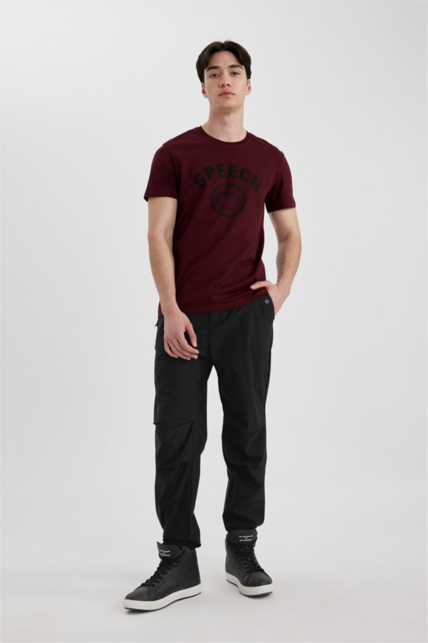 Erkek Bordo Slım Fıt Bisiklet Yaka Baskılı Kısa Kollu Tişört