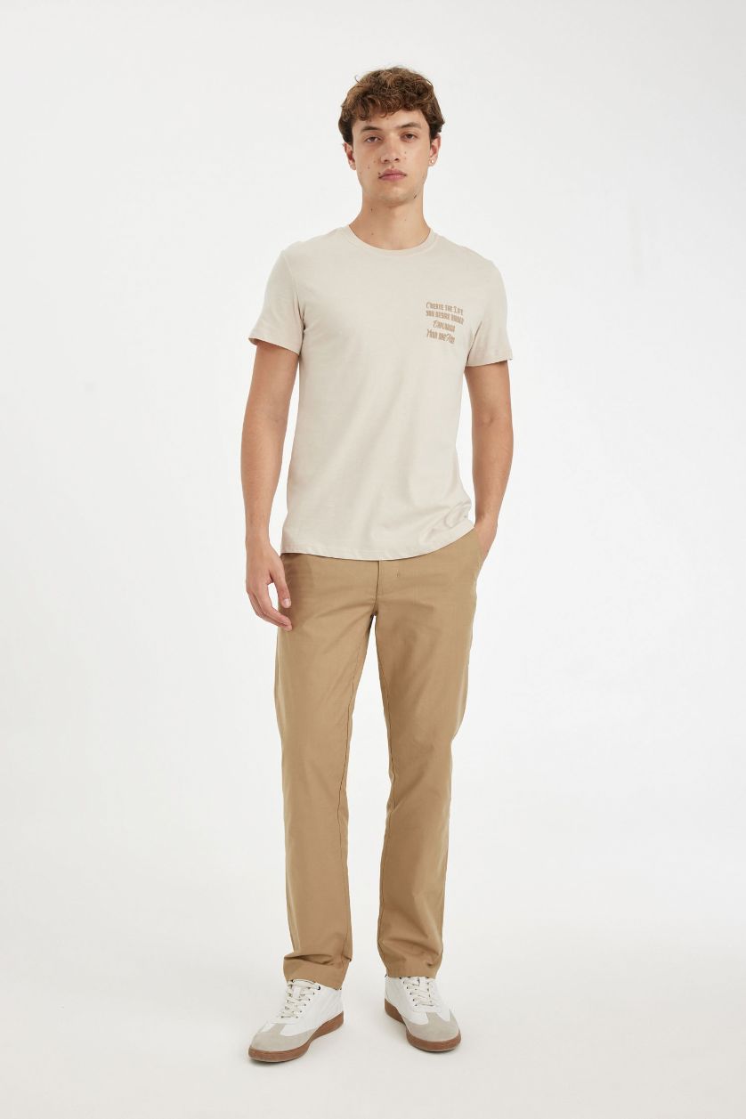 Erkek Bej Slim Fit Dar Kesim Bisiklet Yaka Baskılı Kısa Kollu Tişört